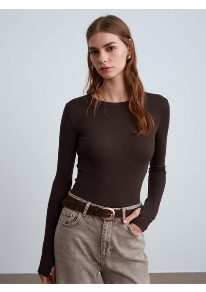 32319 Modal Karışımlı Uzun Kollu Top-Koyu Kahve fırsatları