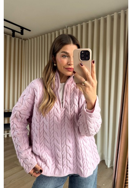 Toz Pembe Fermuarlı Saç Örgü Kazak