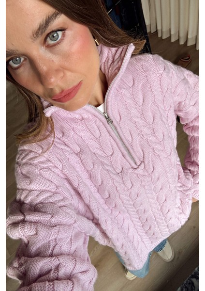 Toz Pembe Fermuarlı Saç Örgü Kazak fiyatları