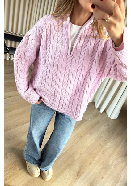 Toz Pembe Fermuarlı Saç Örgü Kazak fırsatları