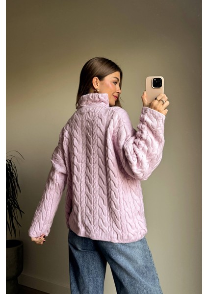 Toz Pembe Fermuarlı Saç Örgü Kazak indirimleri