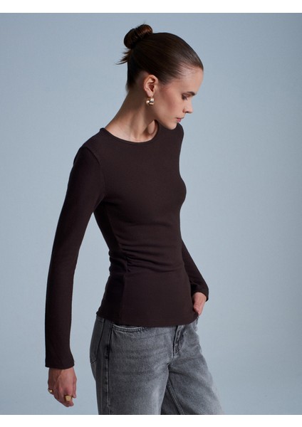 32194 Uzun Kollu Büzgülü Top-Koyu Kahve