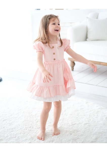 Alessi Mini Fırfır Detaylı Keten Kız Çocuk Elbise