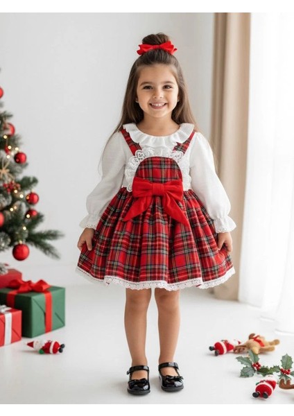 Belinay Kız Çocuk Yılbaşı Uzun Kol Tütü Prenses Ekoseli Vintage Elbise