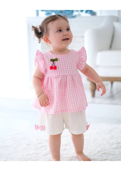 Cherry Ekose Kiraz Detaylı Kız Bebek Ikili Takım