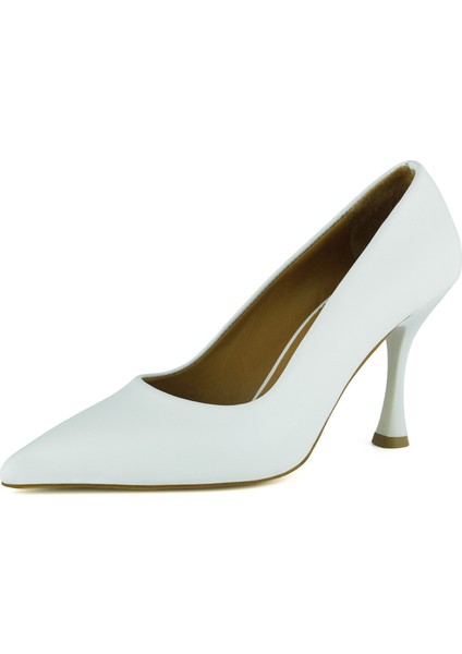 Suzanna Beyaz Hakiki Dana Derisi Sivri Burun Klasik Ince Topuklu Ayakkabı