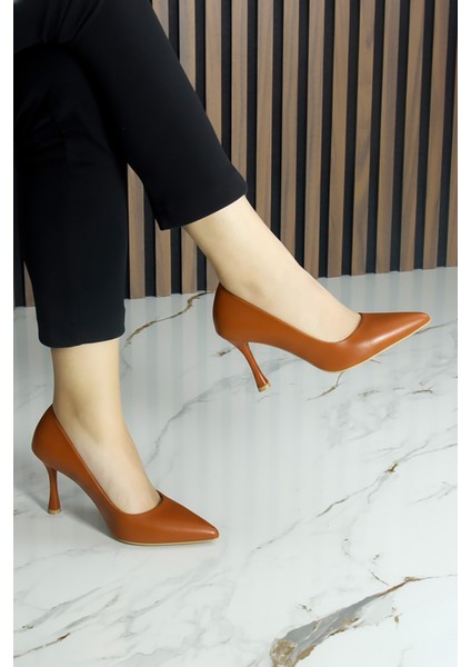Suzanna Taba Hakiki Dana Derisi Sivri Burun Klasik Ince Topuklu Ayakkabı modelleri