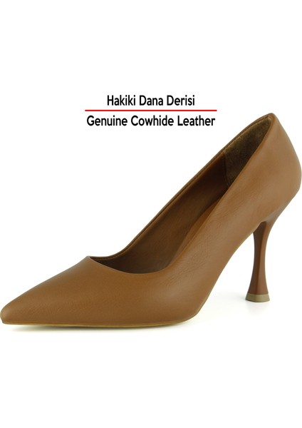 Suzanna Taba Hakiki Dana Derisi Sivri Burun Klasik Ince Topuklu Ayakkabı