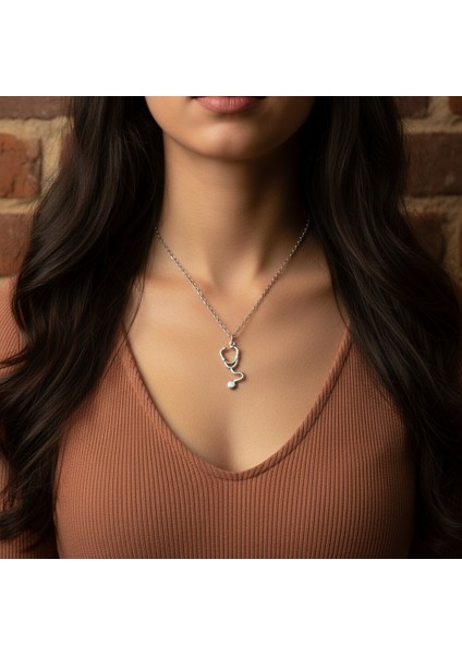 Doktor Steteskop Gümüş Kaplama Düz Zincir Kolye