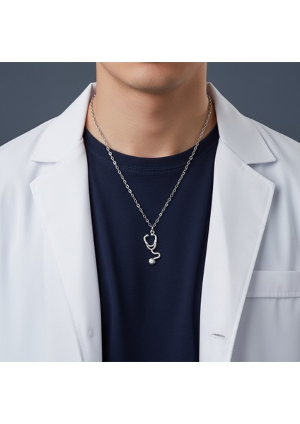 Doktor Steteskop Gümüş Kaplama Düz Zincir Kolye