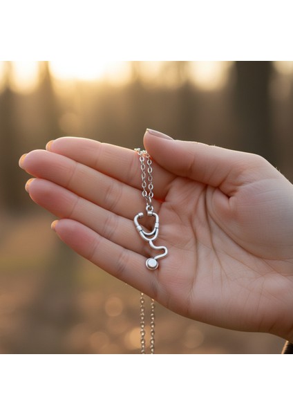 Doktor Steteskop Gümüş Kaplama Düz Zincir Kolye