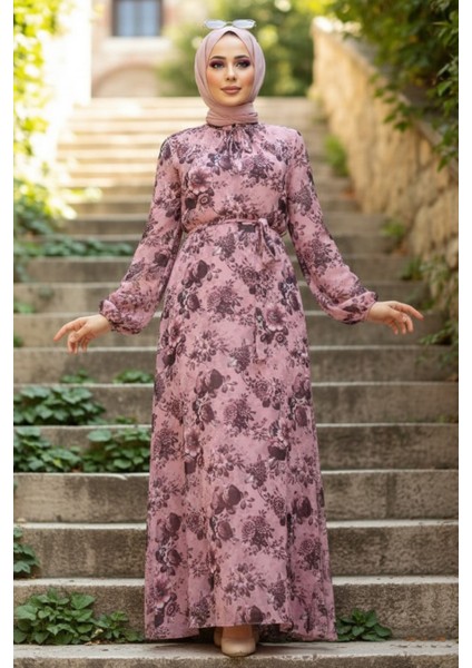 Çiçek Desenli Pudra Tesettür Elbise 279055PD modelleri
