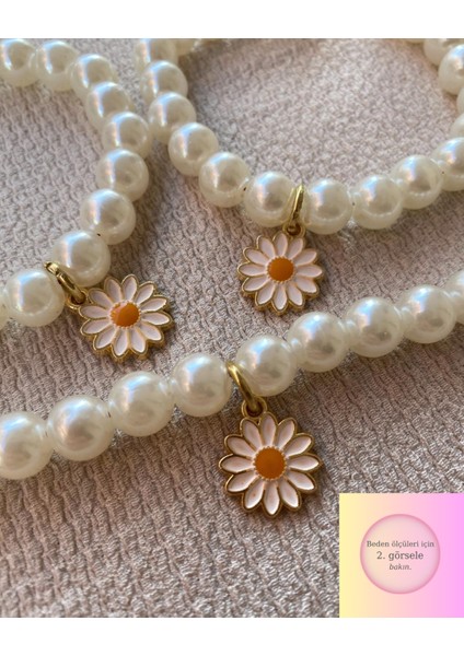 Papatyalı - Inci Boncuklu Yetişkin Kedi/ Küçük-Orta Irk Köpek Tasması- Kolyesi