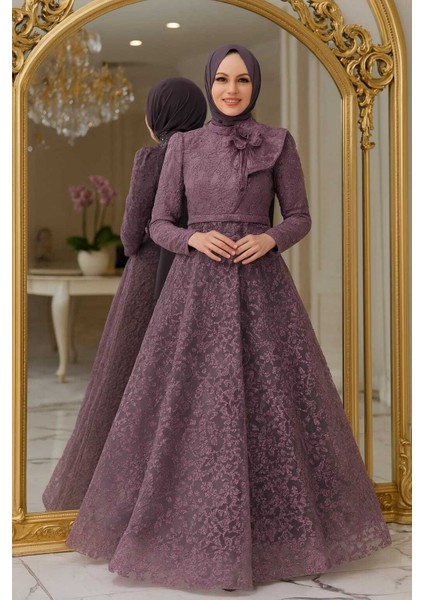Dantelli Lila Tesettür Abiye Elbise 22421LILA fırsatları