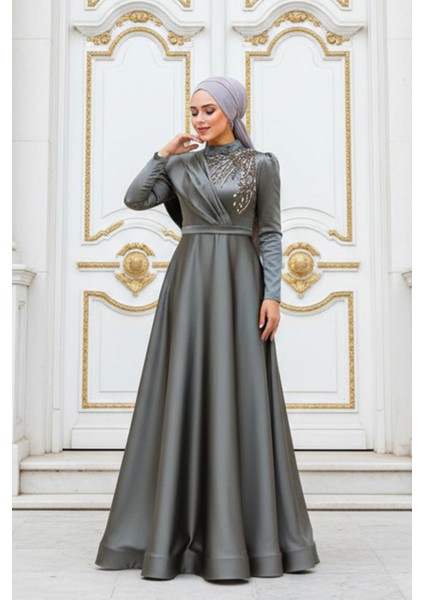 Boncuk İşlemeli Haki Tesettür Abiye Elbise 22441HK indirimleri
