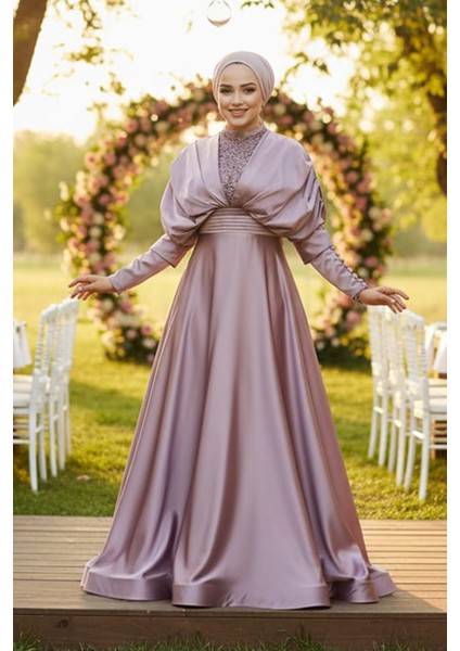 Boncuk İşlemeli Lila Tesettür Abiye Elbise 22451LILA fırsatları