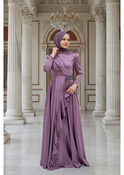 Volanlı Lila Tesettür Abiye Elbise 22431LILA modelleri