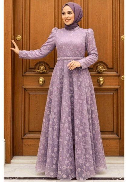 Dantelli Lila Tesettür Abiye Elbise 2238LILA modelleri