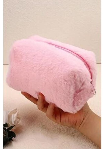 Pembe Peluş Makyaj Çantası Şık Görünüm Seyahat ve Kozmetik Çantası modelleri
