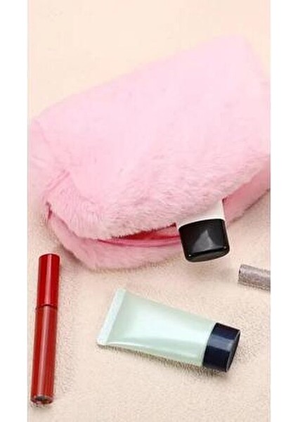 Pembe Peluş Makyaj Çantası Şık Görünüm Seyahat ve Kozmetik Çantası fırsatları