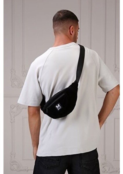 Siyah Süet 3 Bölmeli Çapraz Bel ve Omuz Çantası Ergonomik Tasarım