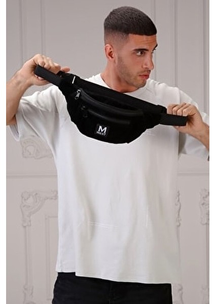 Siyah Süet 3 Bölmeli Çapraz Bel ve Omuz Çantası Ergonomik Tasarım