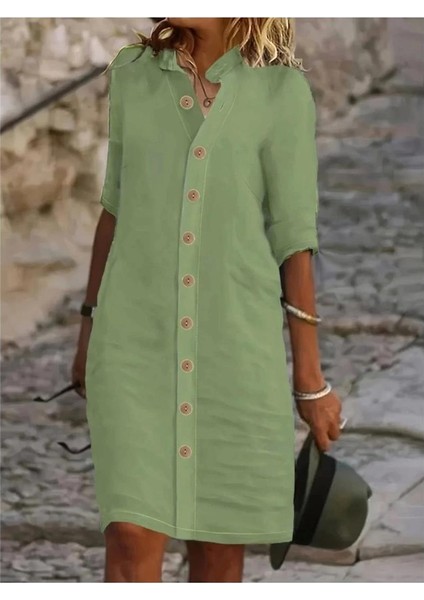 Kadın Kısa Kollu Hakim Yaka Önden Düğmeli Kısa Müslim Elbise modelleri