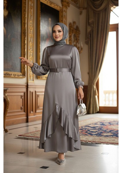 Volanlı Gri Tesettür Abiye Elbise 4566GR indirimleri