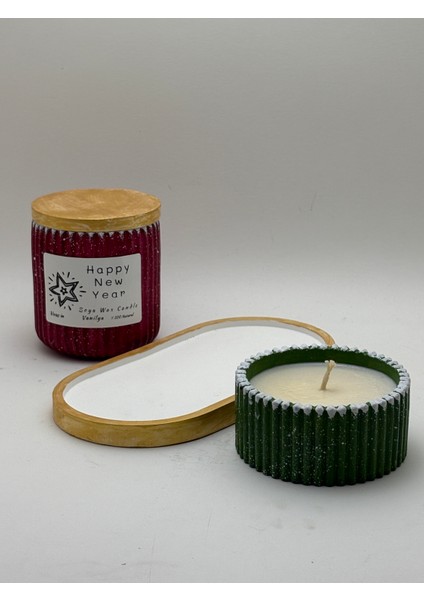 Yılbaşı Tabaklı Mumluk Seti - Soya Mumu Vanilya Kokulu