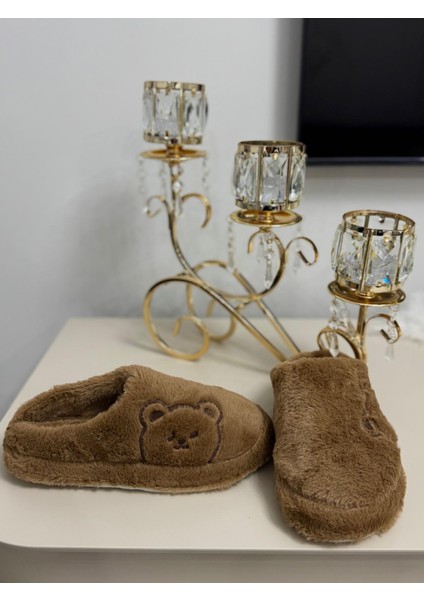 Ayıcık Desenli Peluş Kadın Ev Terliği Kışlık Yünlü Çeyiz ve Bohça Terliği Ses Yapmaz Kalın Taban modelleri