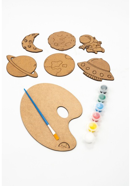 Çocuklar Için Ahşap Uzay Figürleri 6'lı Boyama Seti, Eğlenceli Etkinlik Hediye