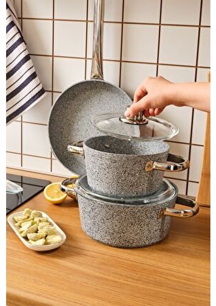 Biogranit Nare Derin Tencere Seti Granit Kaplama Mavi 7 Parça 26 cm Ebatlı indirimleri