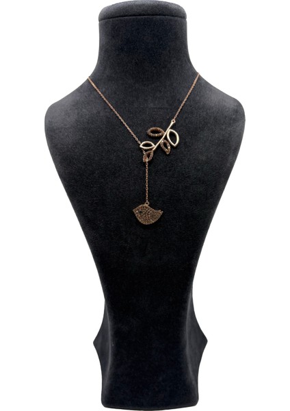 Gümüş Rose Kuş Yaprak Motifli Kolye