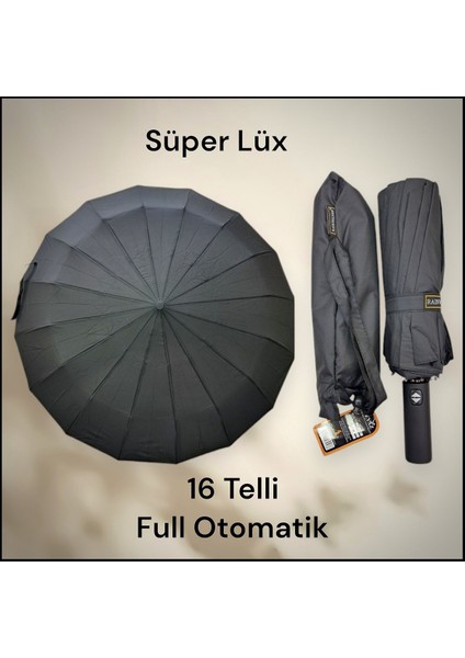 16 Telli Otomatik Şemsiye, Güçlü ve Hafif, Siyah Renk