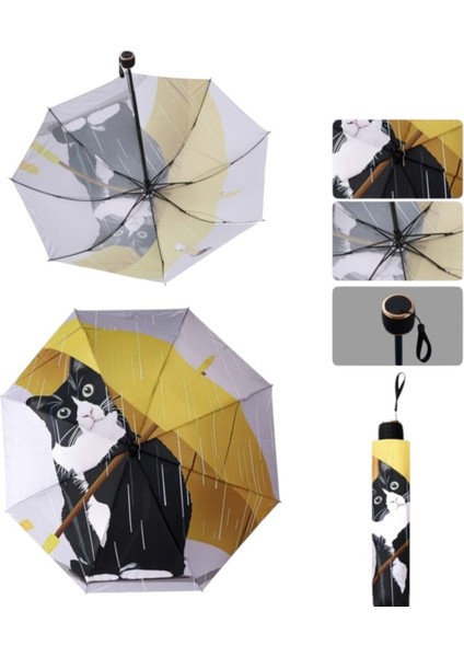 Renkli Kedi Desenli 8 Tellı Manuel Rüzgar Dayanıklı Şemsiye