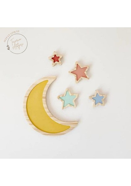 Renkli Ahşap Ay ve Yıldızlar Çocuk Odası Dekor Panosu