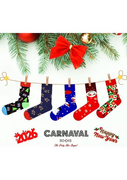 Unisex 5’li Yılbaşı Hediye Çorap Seti - Noel Temalı Kutulu Renkli Çorap - Merry Christmas Socks Box