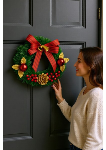 Yılbaşı Kapı Süsü Çelenk 24 cm Altın