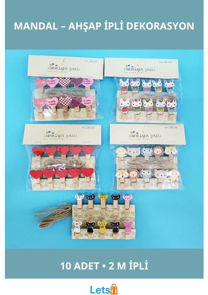 Ahşap Dekoratif Notluk Ipli Mandal 10 Adet Renkli Karışık
