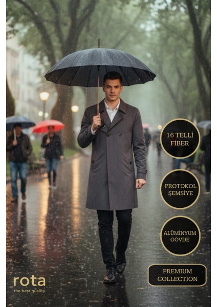 16 Telli Fiber Protokol Alüminyum Gövde Baston Şemsiye Siyah