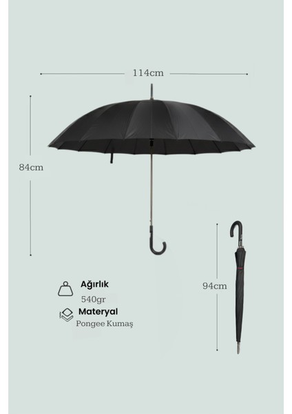 16 Telli Fiber Protokol Alüminyum Gövde Baston Şemsiye Siyah modelleri