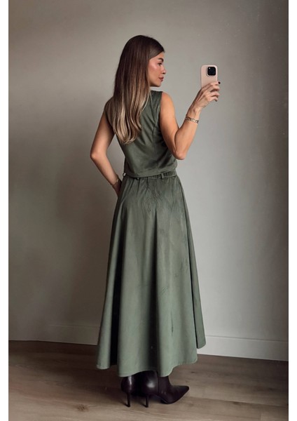 Yeşil Ince Fitilli Yelek Etek Kadife Takım fiyatları