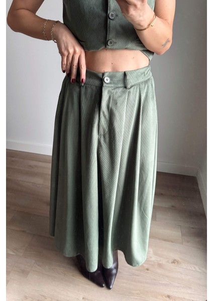 Yeşil Ince Fitilli Yelek Etek Kadife Takım fırsatları