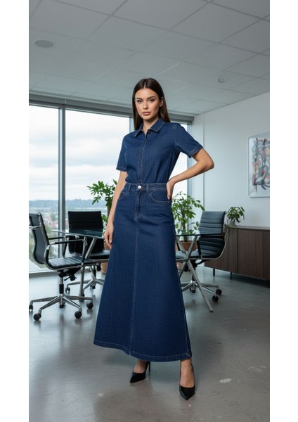 Kadın Denim Pamuklu Mavi Çan Etek