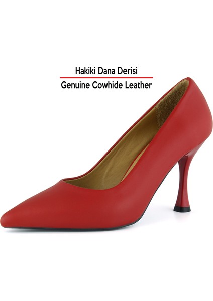 Suzanna Kırmızı Hakiki Dana Derisi Sivri Burun Klasik Ince Topuklu Ayakkabı