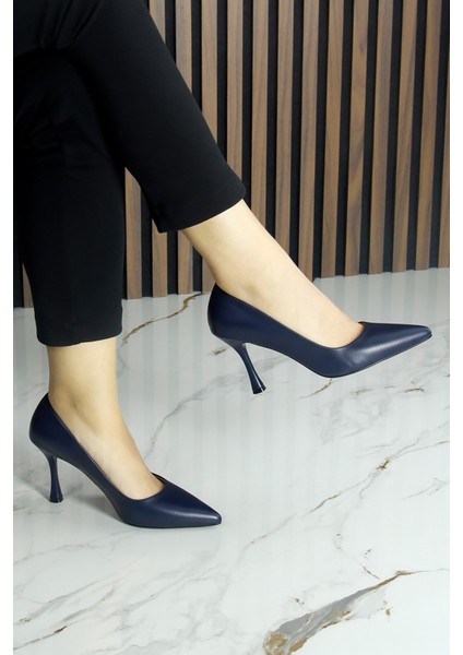 Suzanna Lacivert Hakiki Dana Derisi Sivri Burun Klasik Ince Topuklu Ayakkabı modelleri