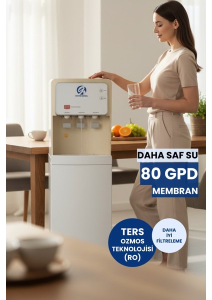 Arıtmalı Su Sebili 80GPD Ro - Sıcak, Ilık ve Soğuk Su - 3 Musluklu Beyaz Gold