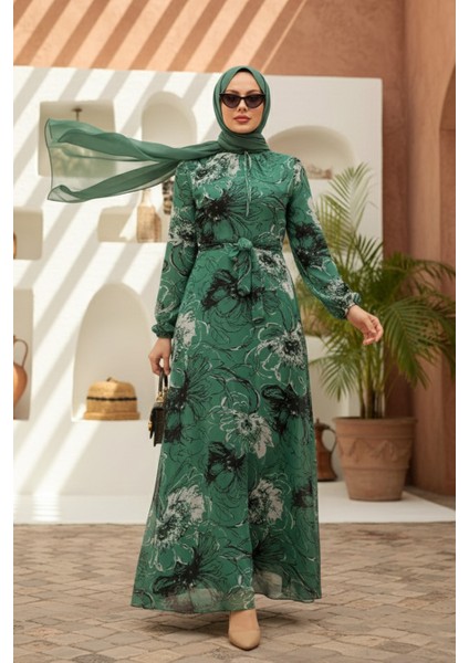 Çiçek Desenli Çağla Yeşili Tesettür Elbise 279070CY modelleri