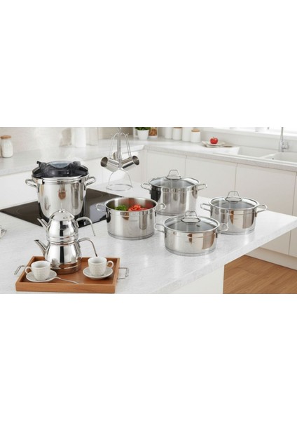 Rosso Prestige 18 Parça Çeyiz Seti –18/10 Çelik- Klipso Düdüklü + Aile Çaydanlık + Cezve Set