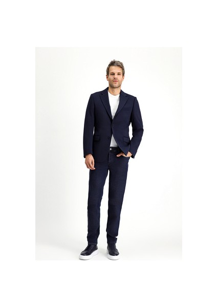 Slim Fit Dar Kesim Klasik Ceket Erkek %100 Polyester Uzun Kol Cepsiz Koyu Lacivert